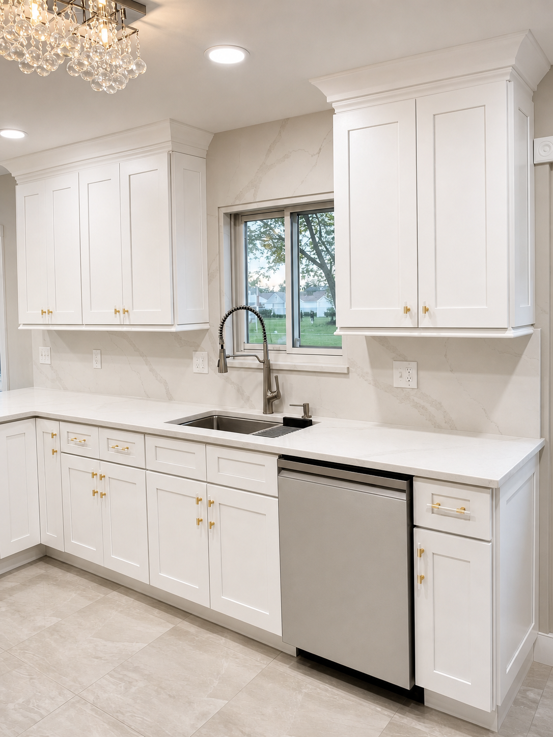Completed DHR white Shaker kitchen with quartz surfaces and brass hardware