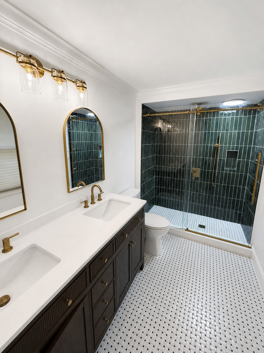 Completed DHR bathroom with a double vanity and green tiled shower